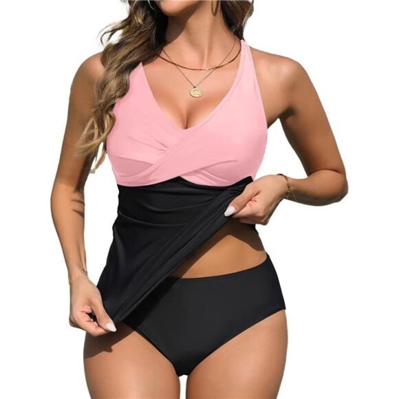 Two Piece Twist Tankini Swimsuit with Bikini Bottoms - Tummy Control Swimwear - Picture 1 of 6